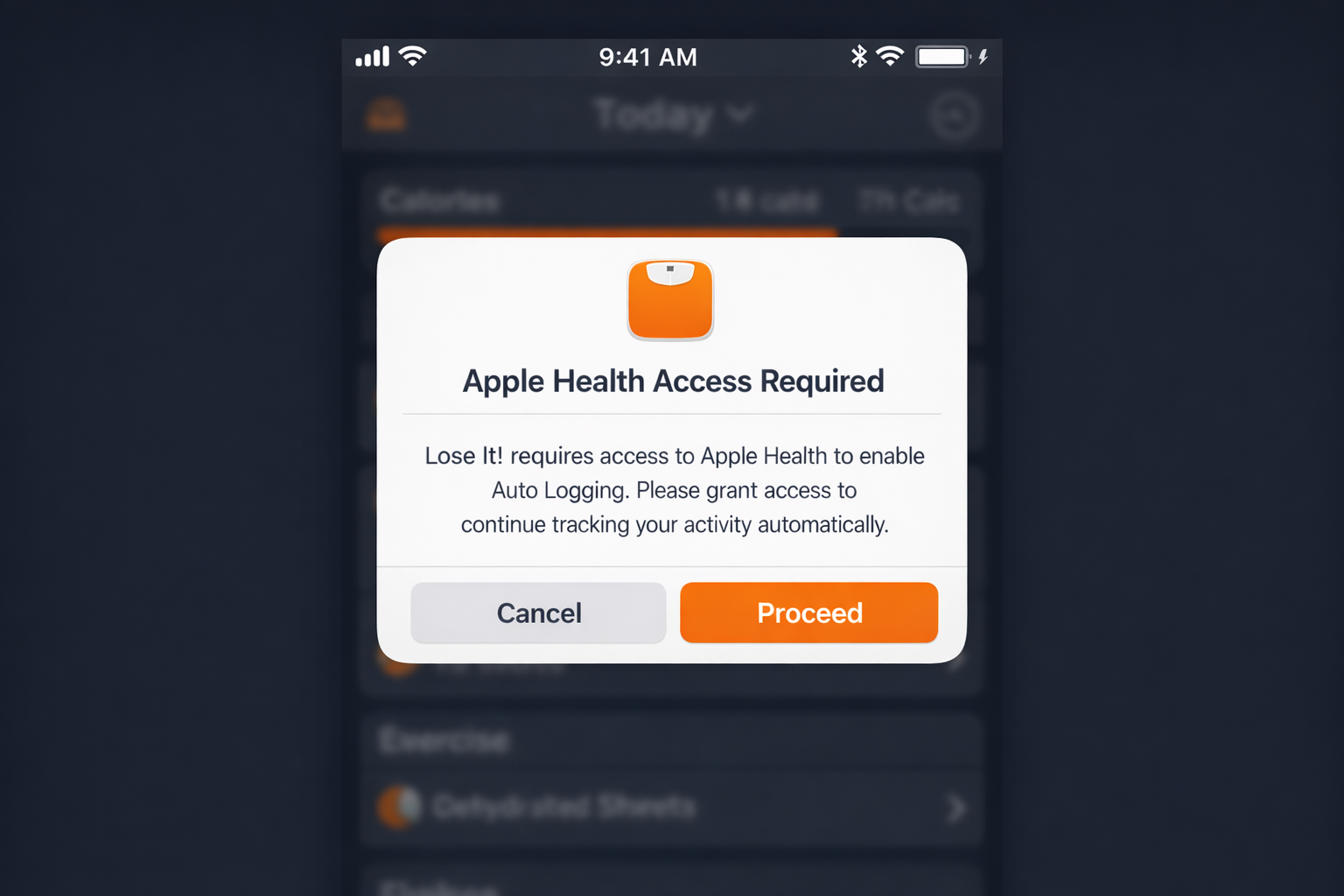 Lose It alert dialog explaining that Apple Health access is required for Auto Logging, with Proceed button highlighted