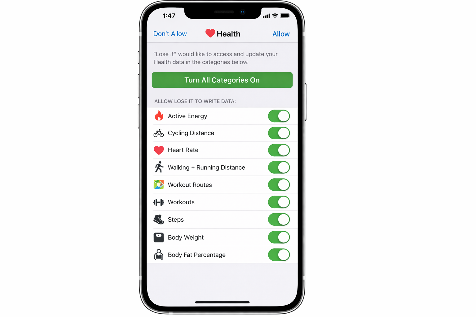 iOS Health app permissions screen for Lose It showing all data categories listed with Turn All Categories On button highlighted and Allow button at the bottom