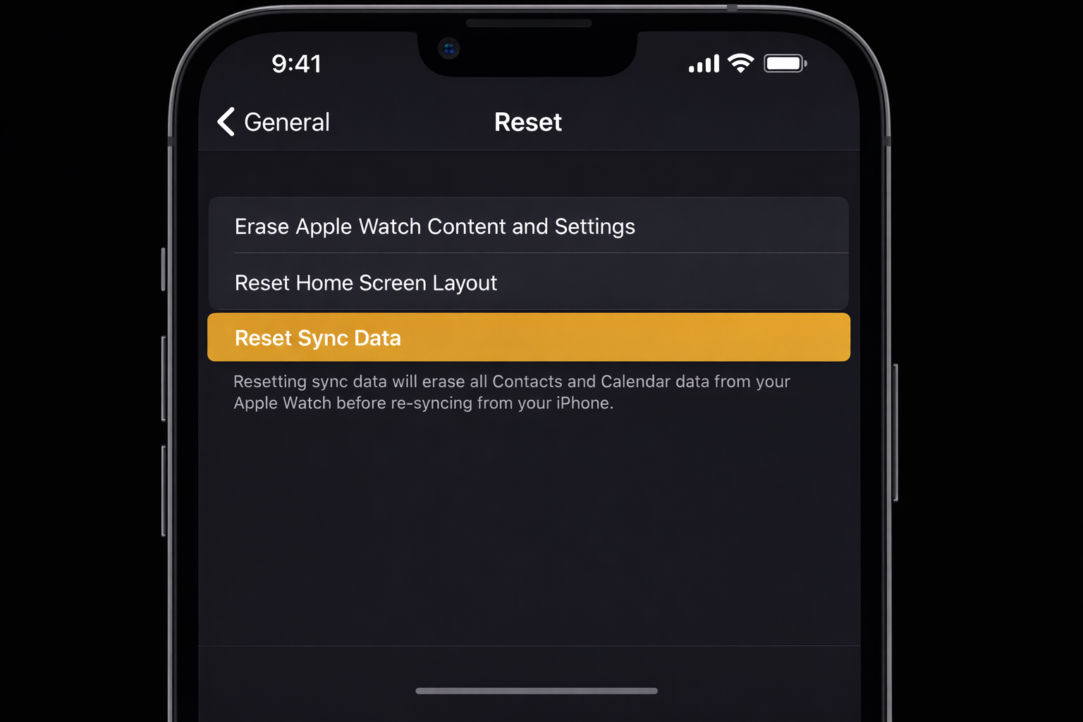 Watch app on iPhone showing My Watch > General > Reset screen with Reset Sync Data option highlighted
