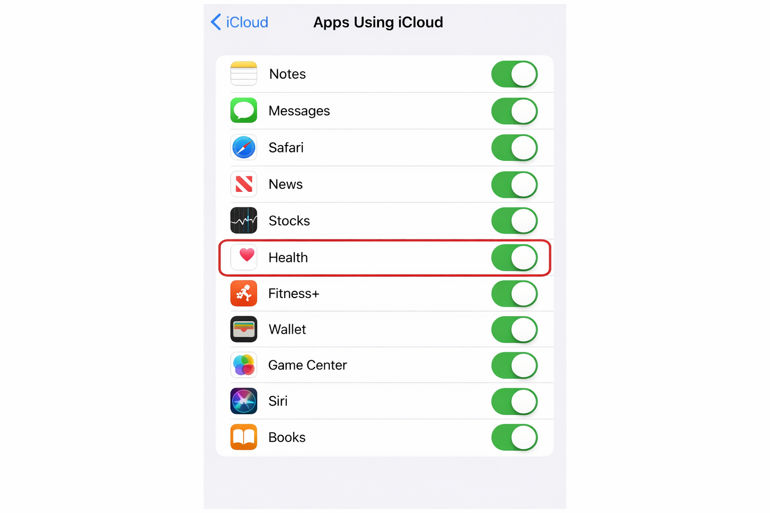 iOS Settings > Apple ID > iCloud > See All Apps Using iCloud, with Health and Fitness toggles both switched on and highlighted