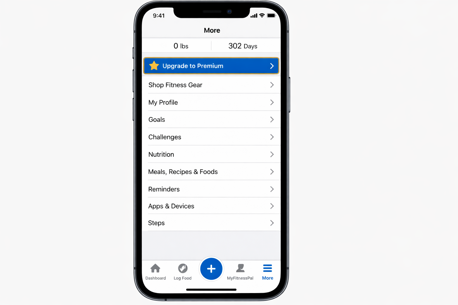 MyFitnessPal iPhone app with the More tab selected in the bottom navigation bar, showing the full settings menu