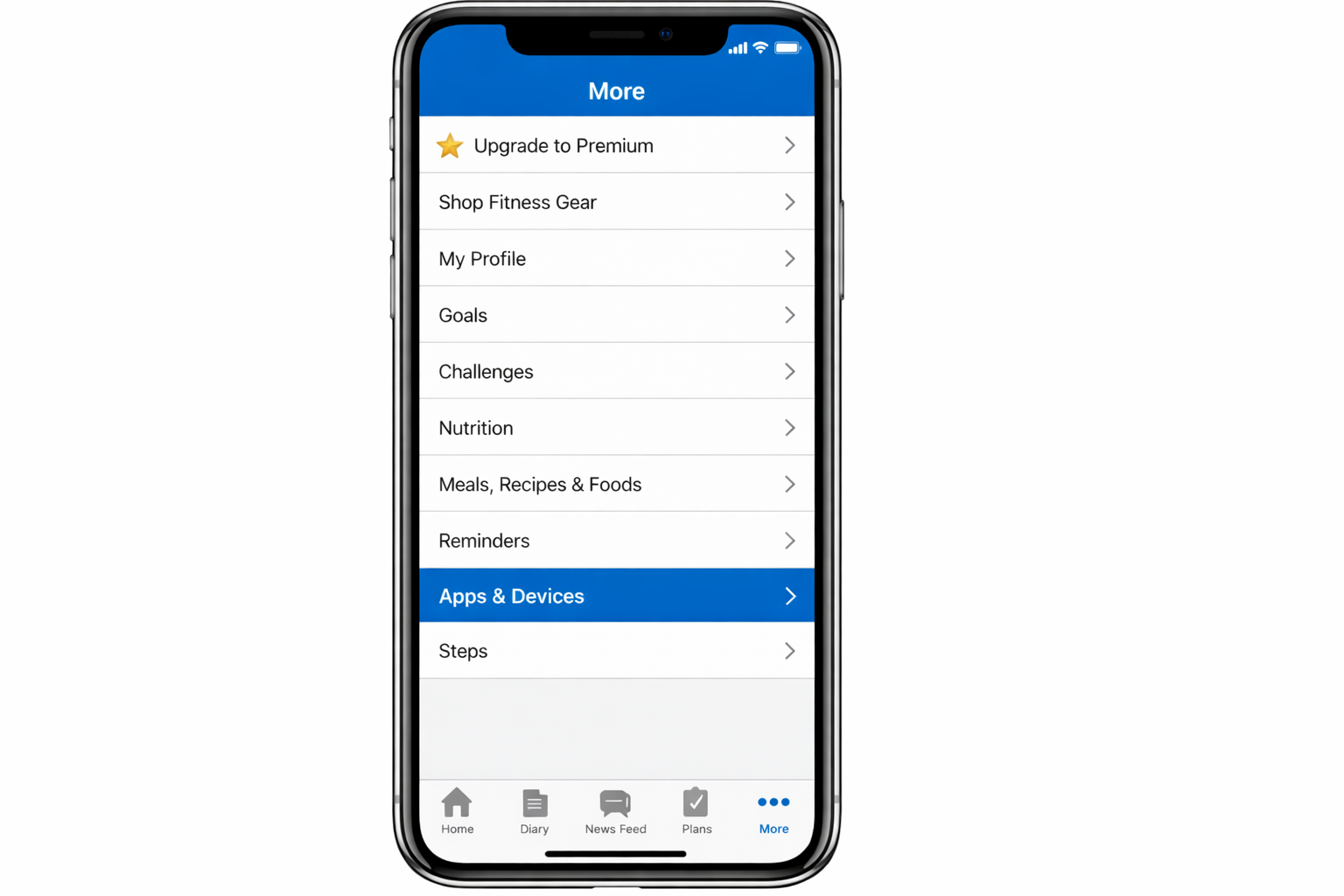 MyFitnessPal More menu with Apps & Devices option highlighted