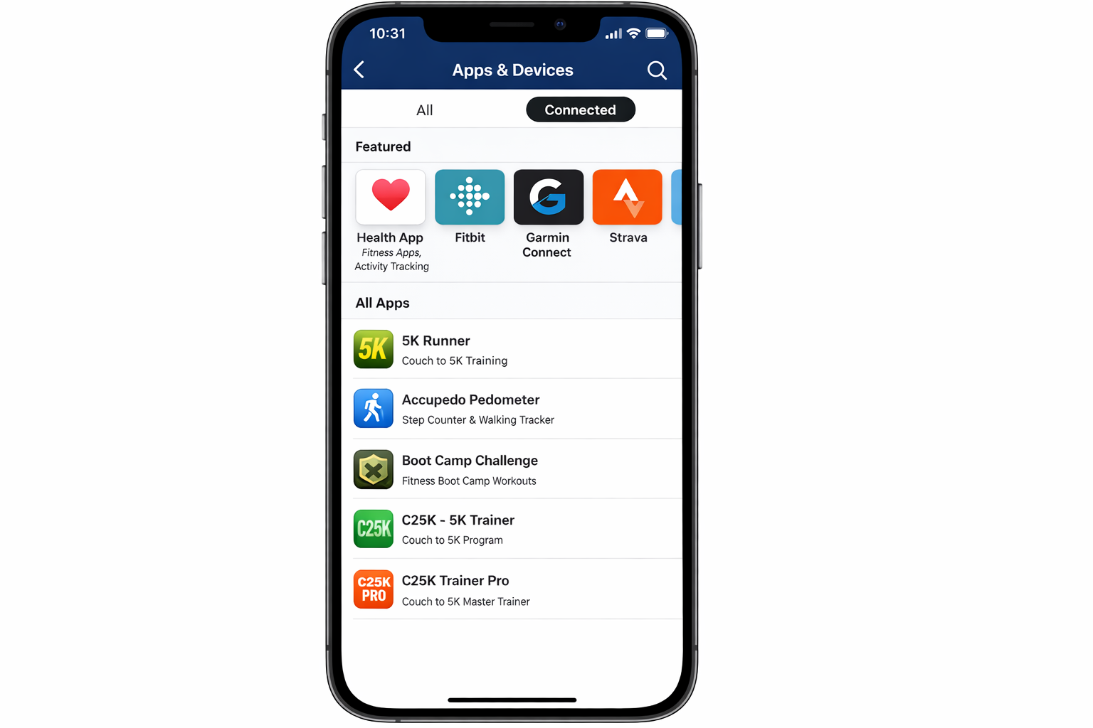 MyFitnessPal Apps & Devices screen showing Apple Health as a connection option