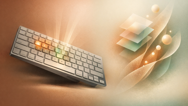 Angled computer keyboard with a warm glow on the W–Y keys and abstract geometric shapes to the right.