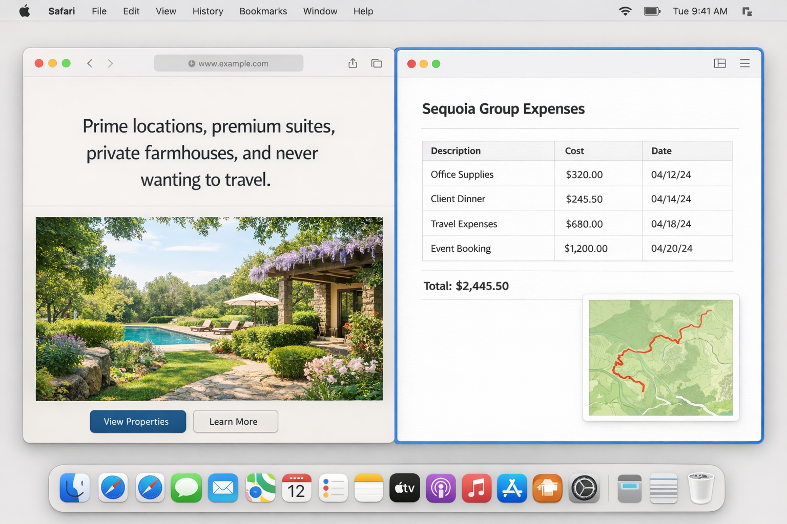 macOS Sequoia desktop showing two windows snapped side by side using the native window tiling feature, with the tiling highlight visible