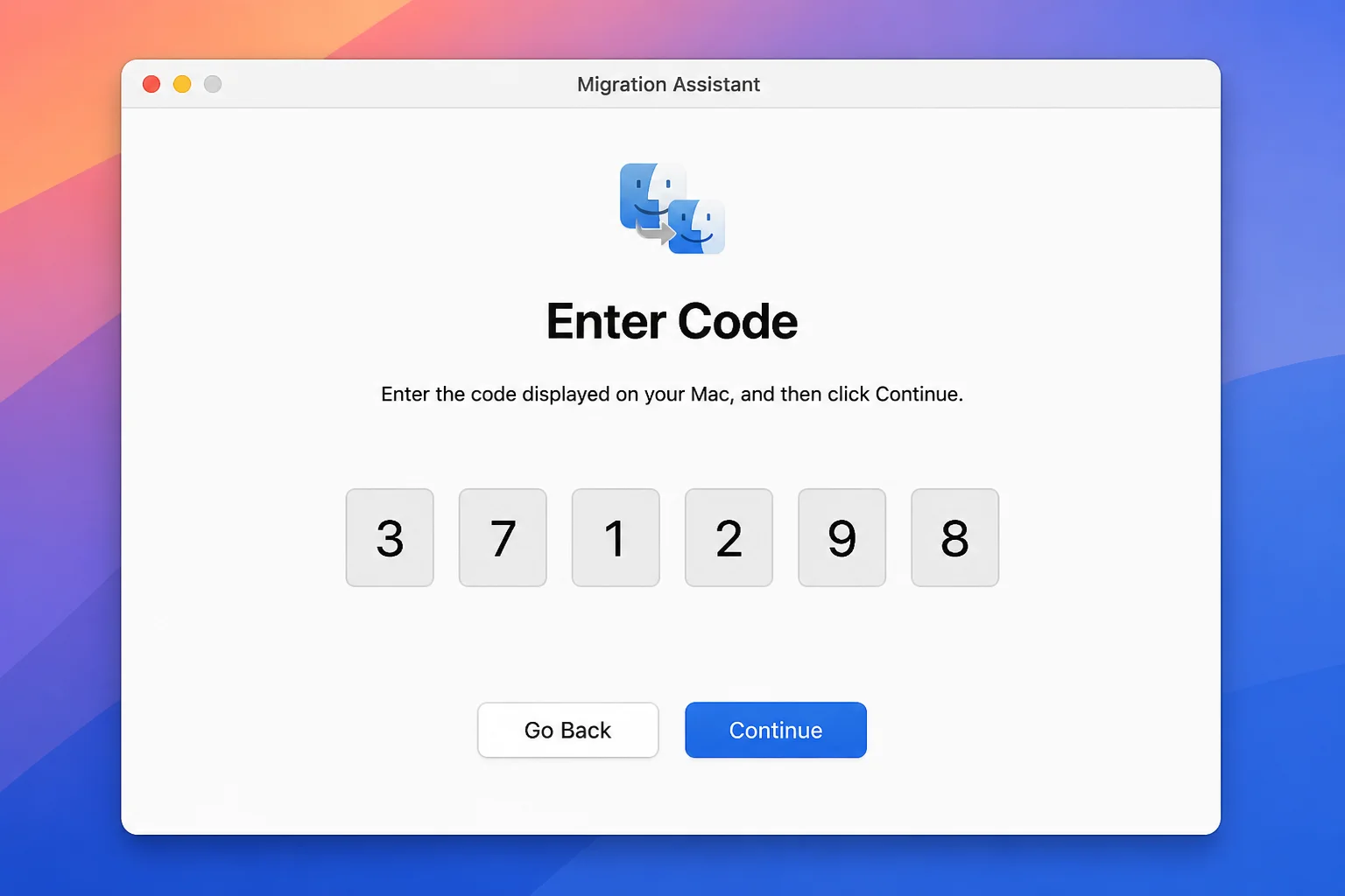 Security code confirmation screen shown on the Mac during Migration Assistant pairing, displaying a numeric code that should match the PC