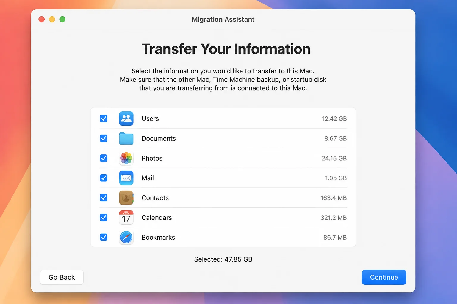 Migration Assistant checklist screen showing selectable categories such as user account, documents, photos, mail, contacts, calendars, and bookmarks