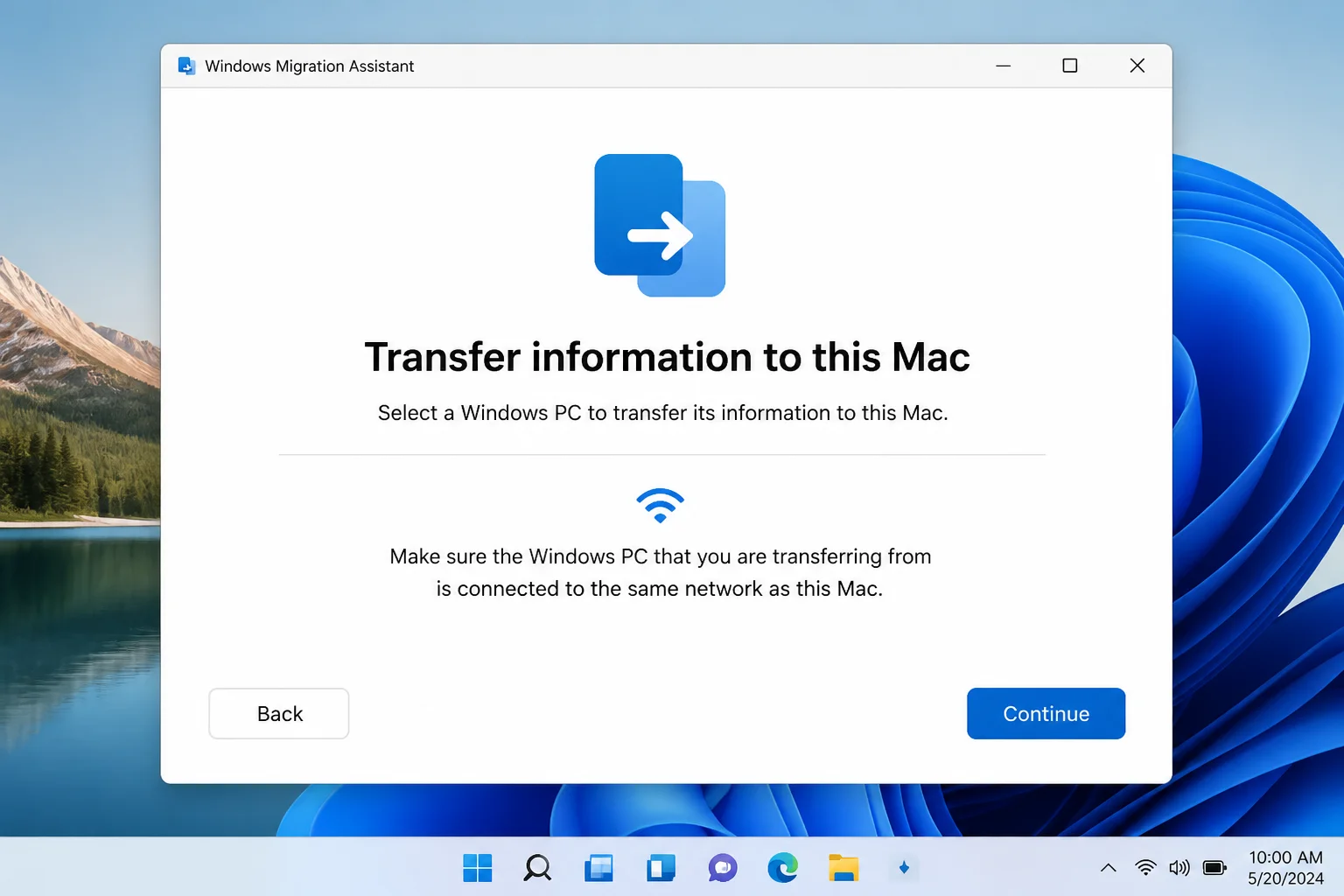Windows Migration Assistant app window on the PC after installation, waiting to connect to a Mac