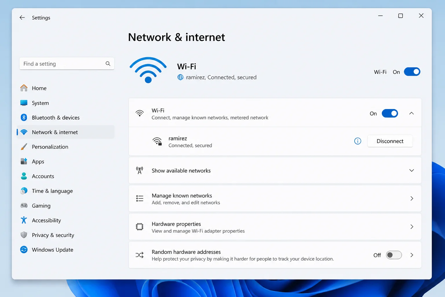 Windows Settings Wi-Fi panel showing the currently connected network name
