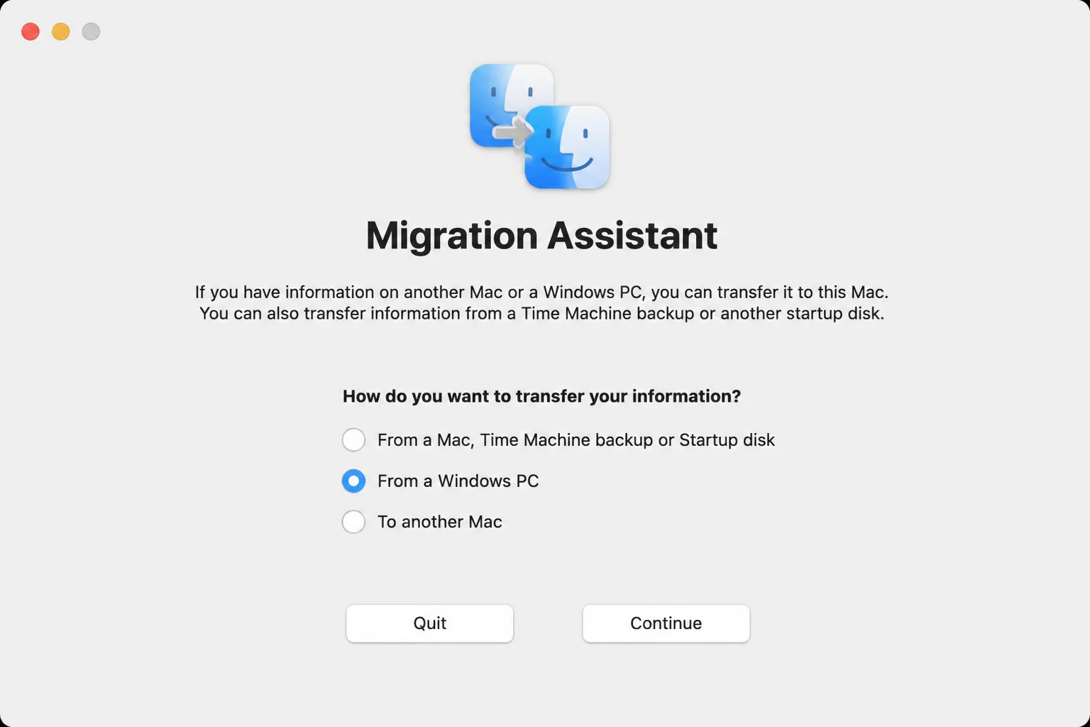 macOS Setup Assistant screen during first-time Mac setup offering to transfer data, with the option to migrate from a Windows PC visible