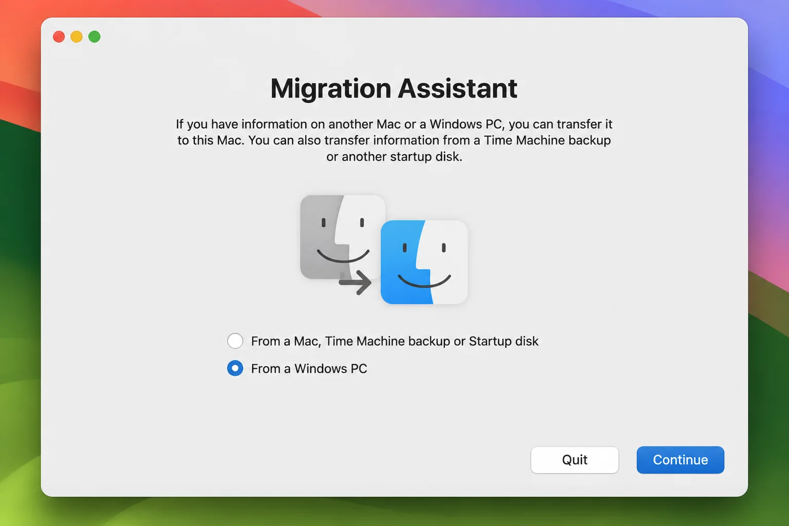 Migration Assistant app opened from the Utilities folder, showing the transfer source selection screen with the option to migrate from a Windows PC