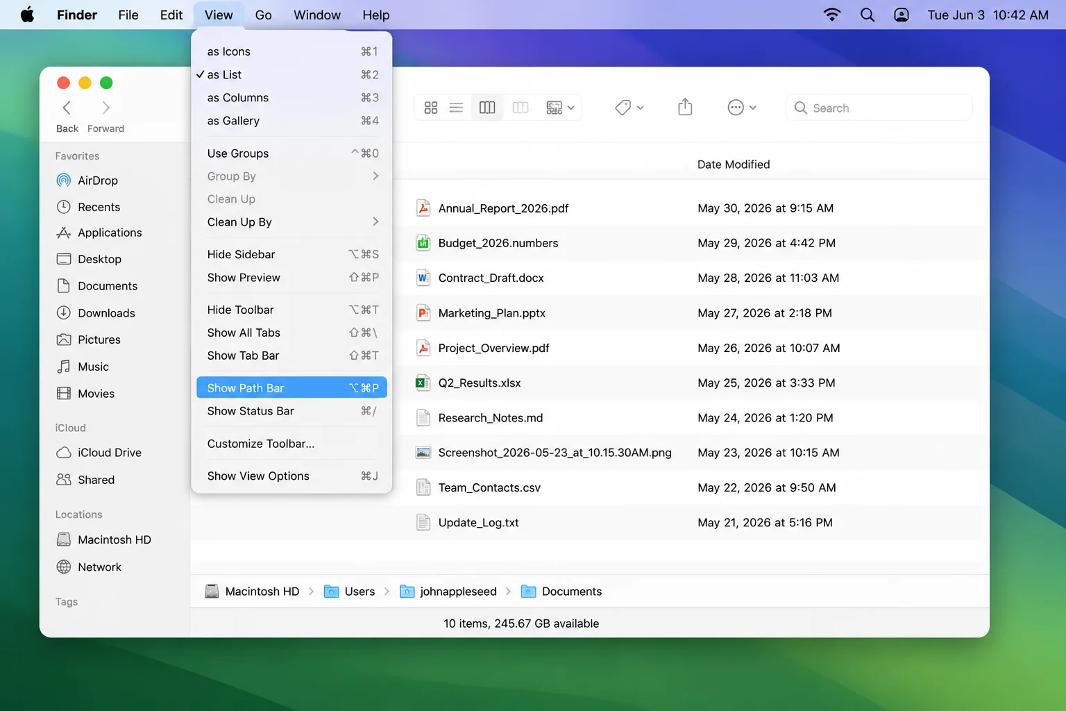 Finder window with the View menu open and "Show Path Bar" highlighted