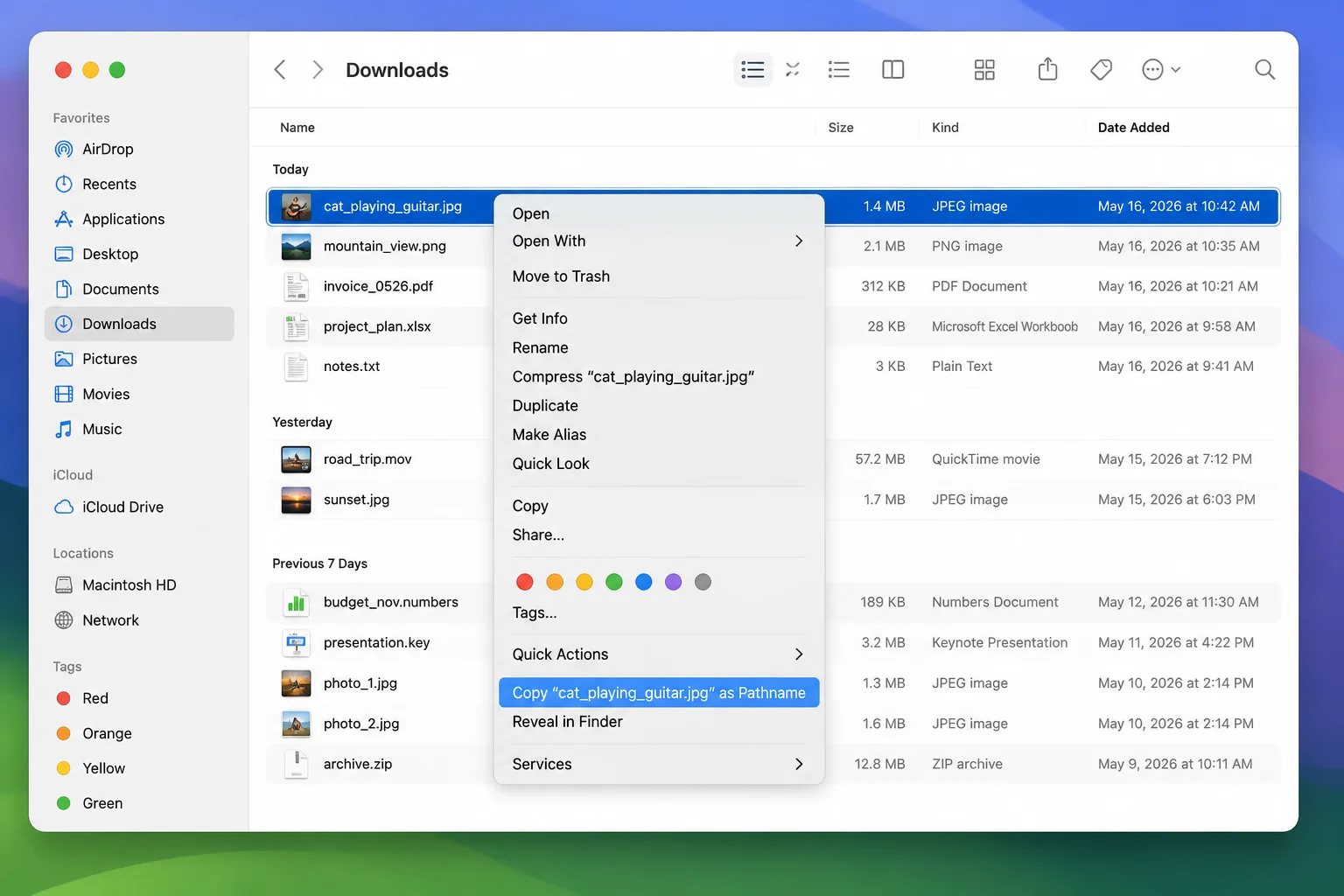 Finder window with a file selected and the right-click context menu open with the Option key held, showing "Copy 'filename' as Pathname" highlighted in the menu