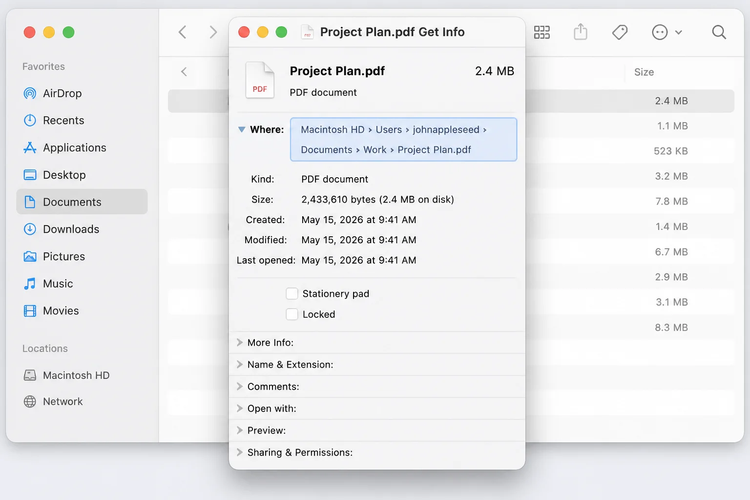 Finder Get Info panel open for a file, with the "Where" field highlighted showing the enclosing folder path, alongside the file name and size fields