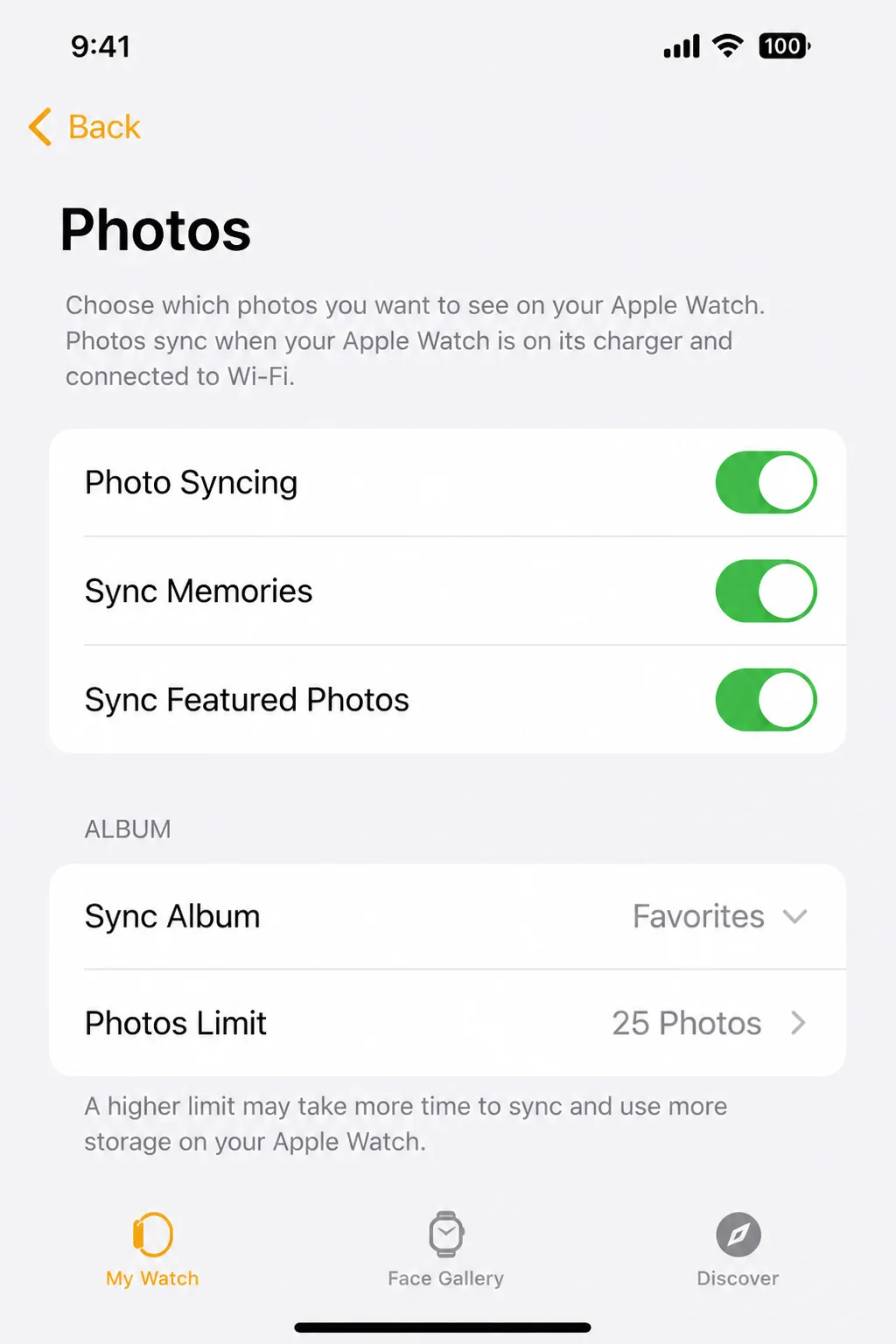 Watch app Photos page showing Photo Syncing, Sync Memories, and Sync Featured Photos controls