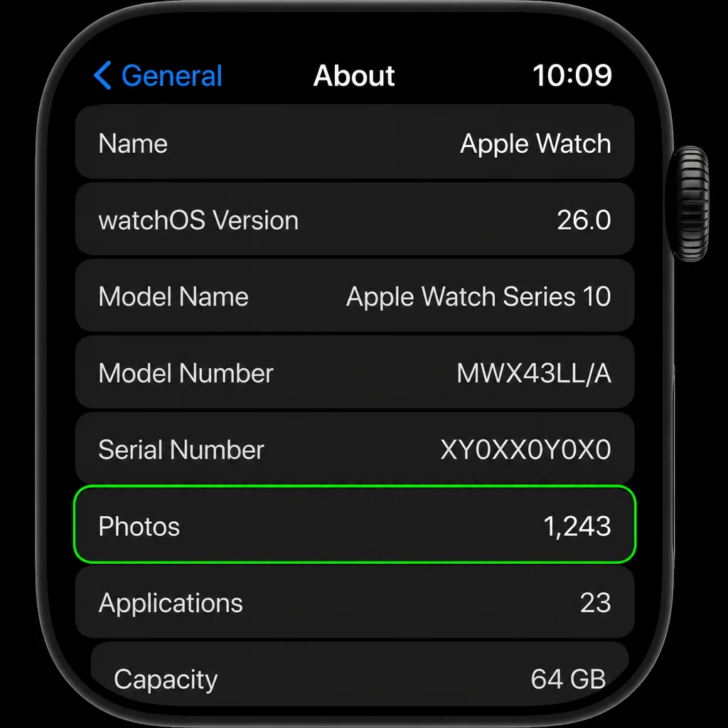 Apple Watch About page showing the stored Photos count