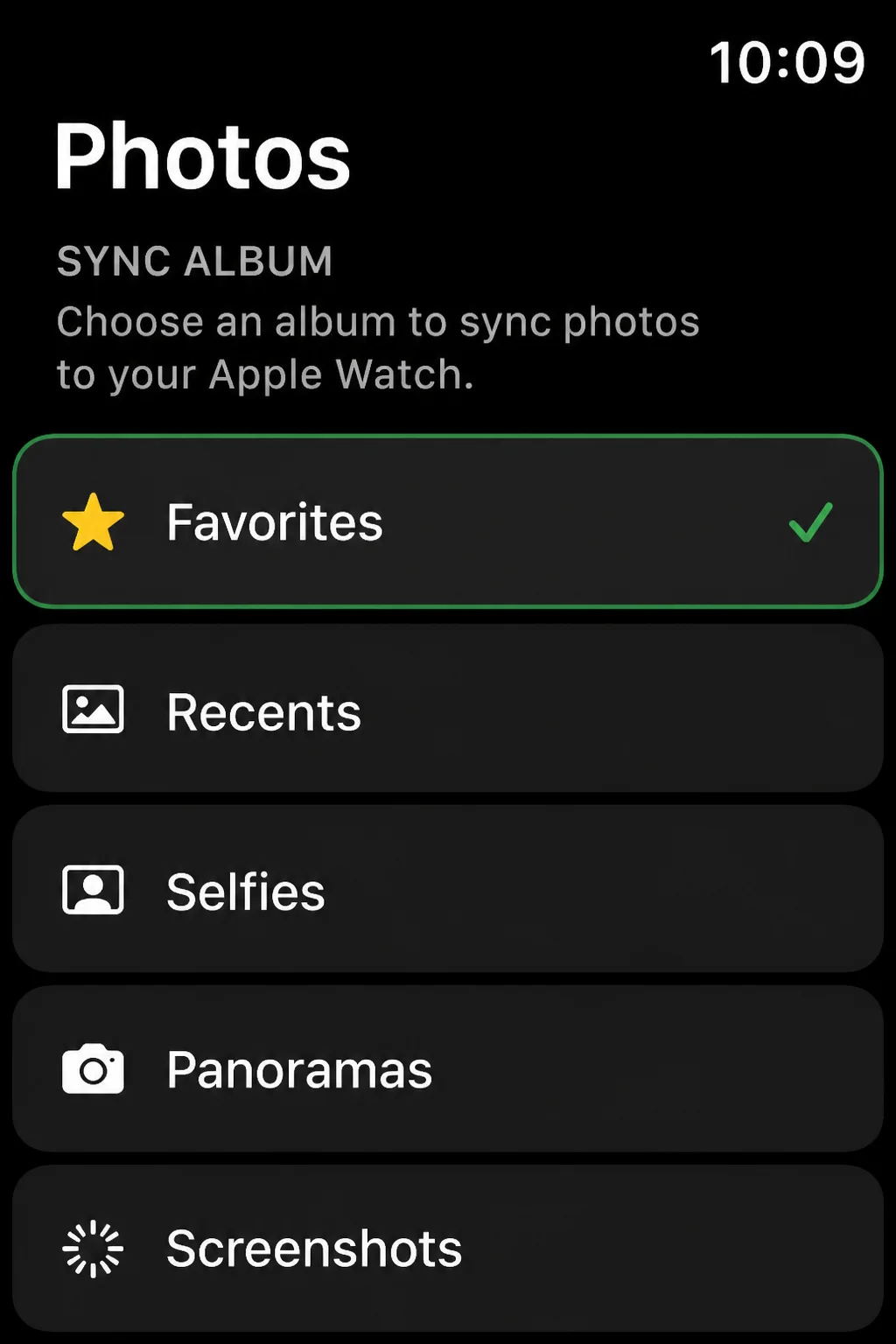 Sync Album selection page showing available albums, with Favorites presented as an example