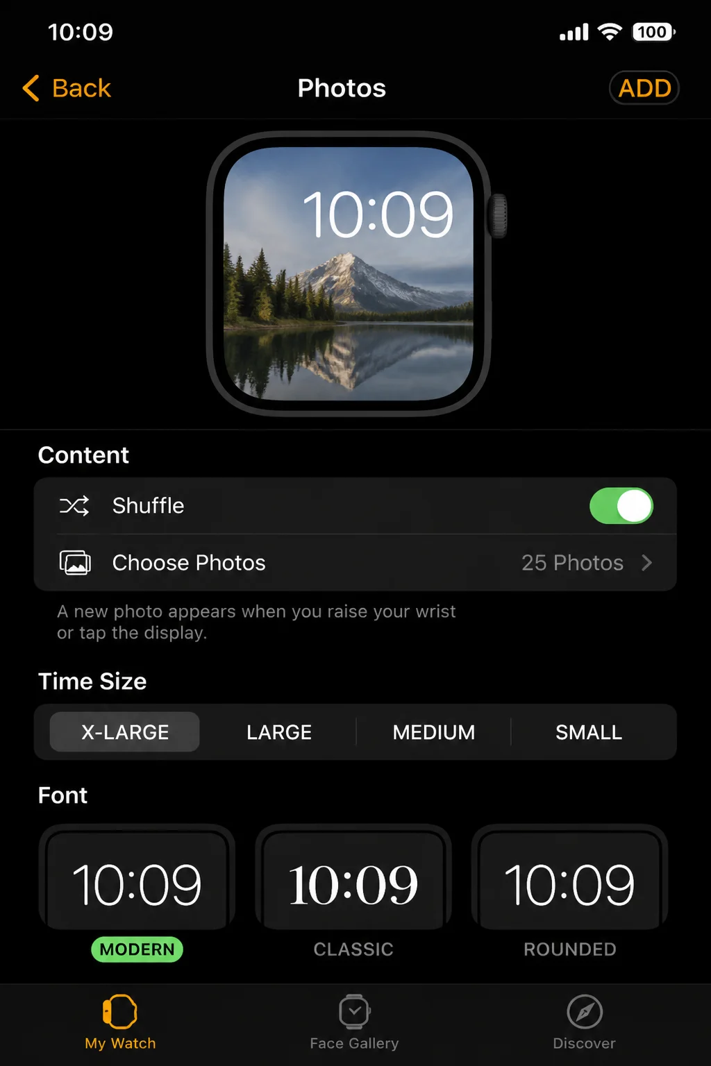 Photos watch-face configuration showing the content or photo-source controls
