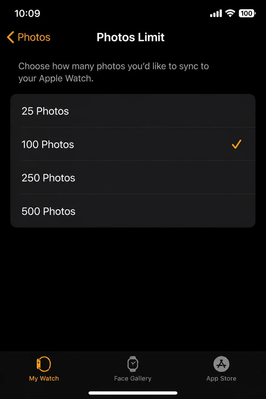 Photos Limit selection page showing available limits, including 250 and 500 photos where supported