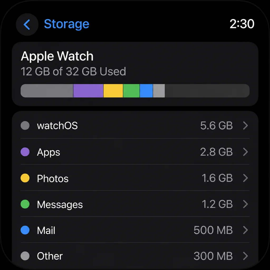 Apple Watch Storage page showing available space and Photos usage
