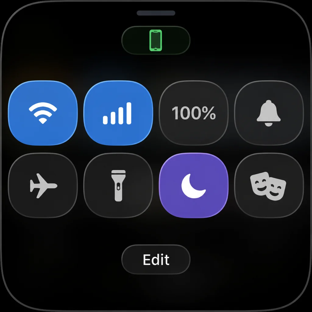 Apple Watch Control Center showing Airplane Mode and the green iPhone connection indicator