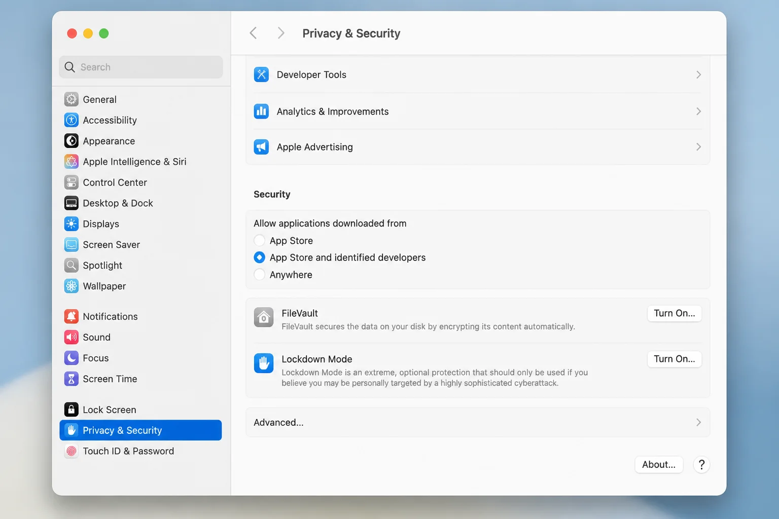 macOS System Settings Privacy & Security pane showing the Security section with the "Allow applications downloaded from" setting