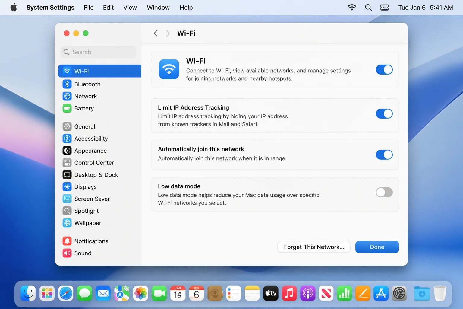 macOS System Settings Network Details pane showing the Limit IP Address Tracking toggle