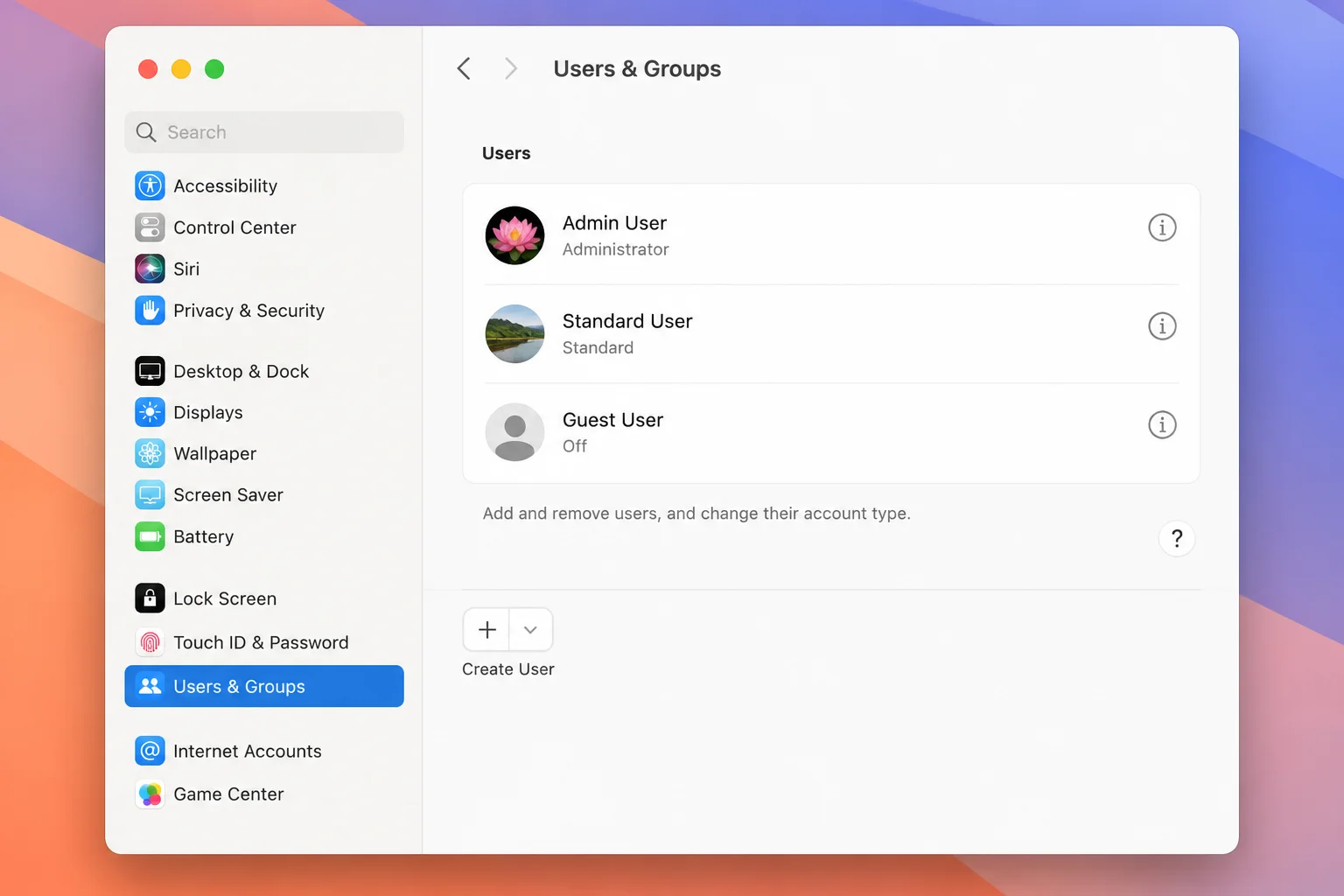 macOS System Settings Users & Groups pane showing the account list and the add-user control