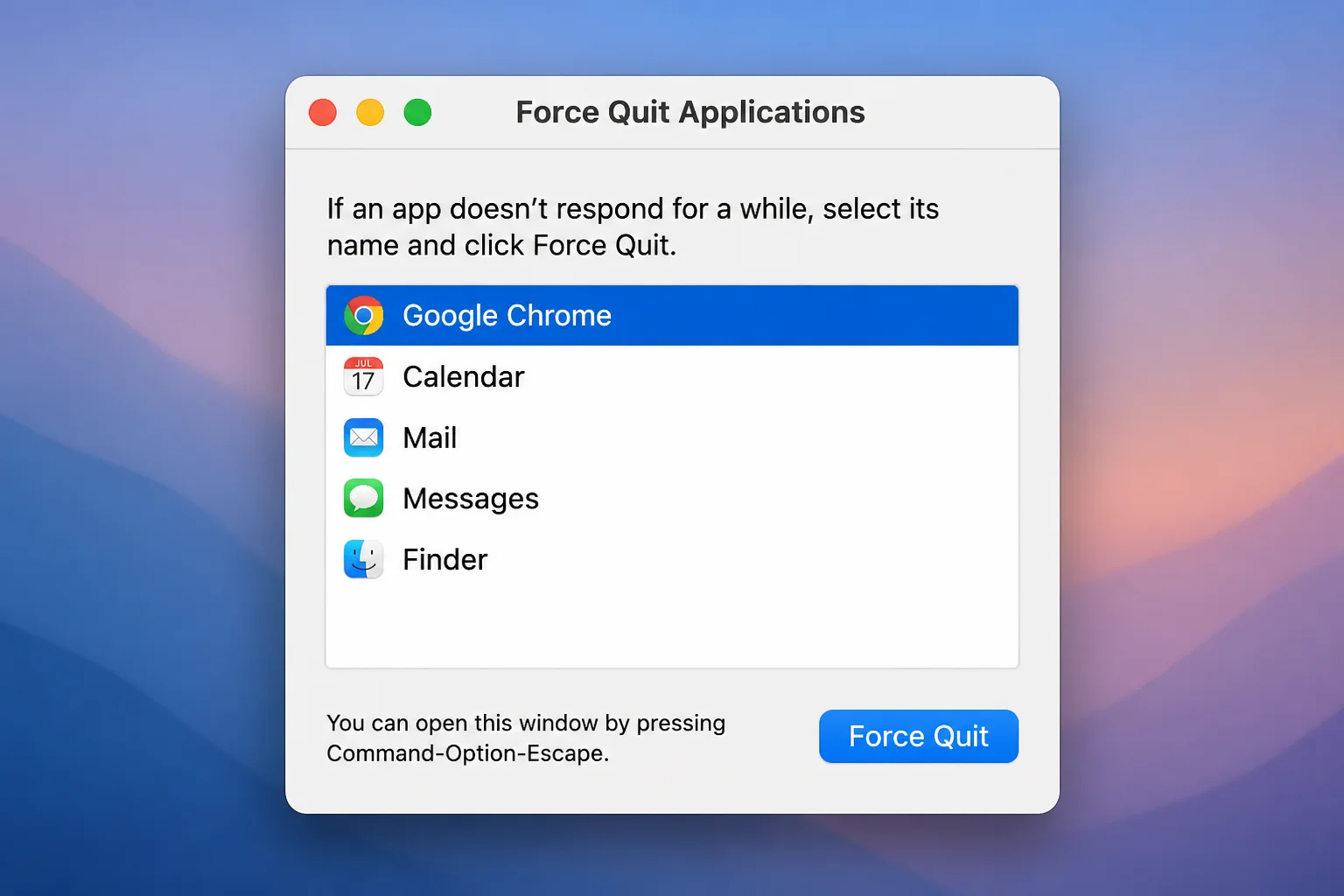 macOS Force Quit Applications dialog with Google Chrome selected in the app list, ready to force quit