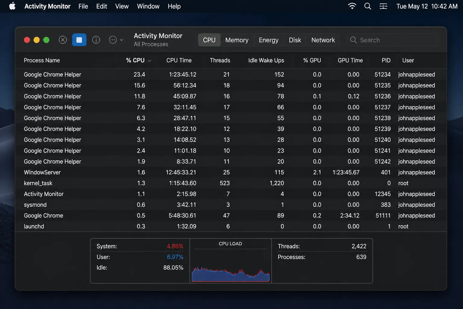 Activity Monitor CPU tab filtered by search term "Chrome," showing multiple Google Chrome Helper processes with the Stop button highlighted in the toolbar