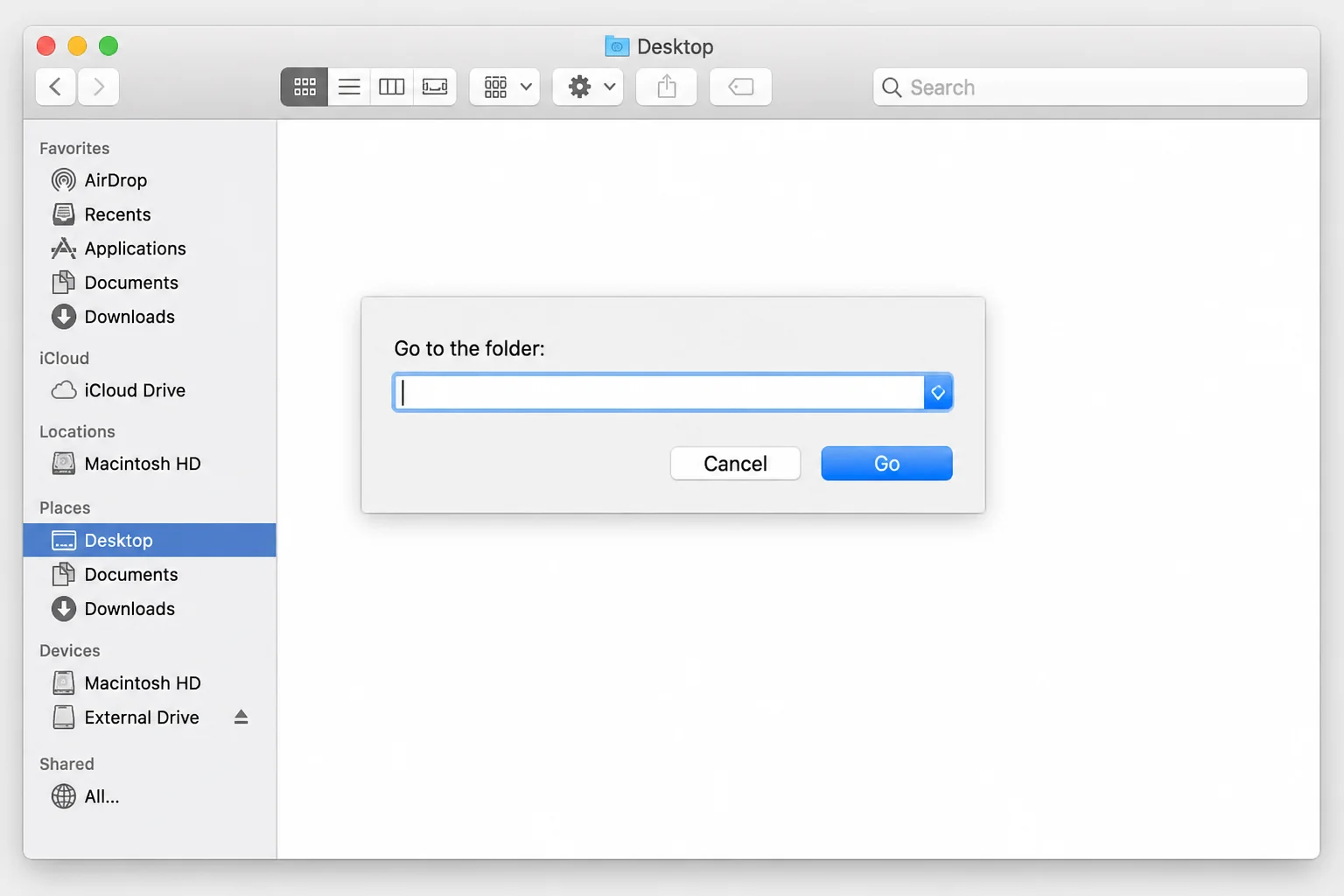 Finder's Go to Folder dialog box with the path field ready for input
