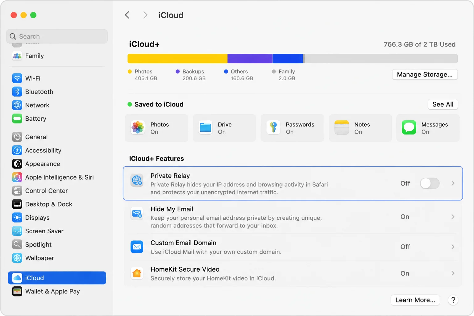 macOS iCloud settings showing the Private Relay section and control, labeled as a temporary diagnostic test