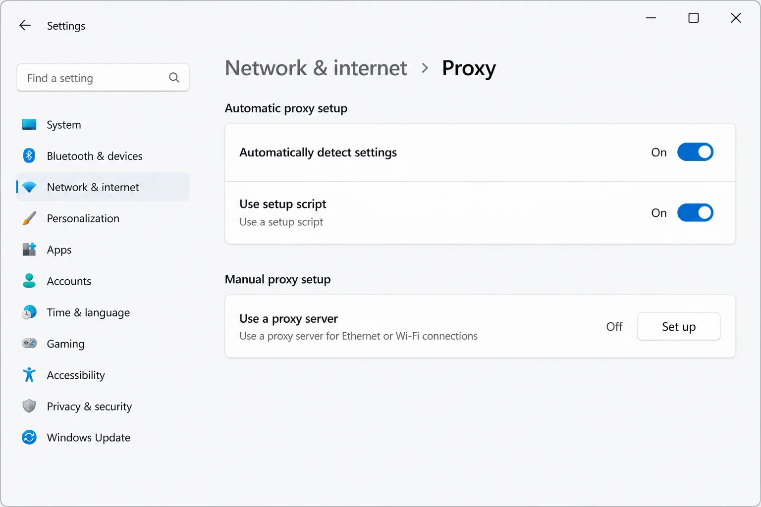 Windows Settings on Network and internet > Proxy showing the proxy configuration area without changing any managed controls