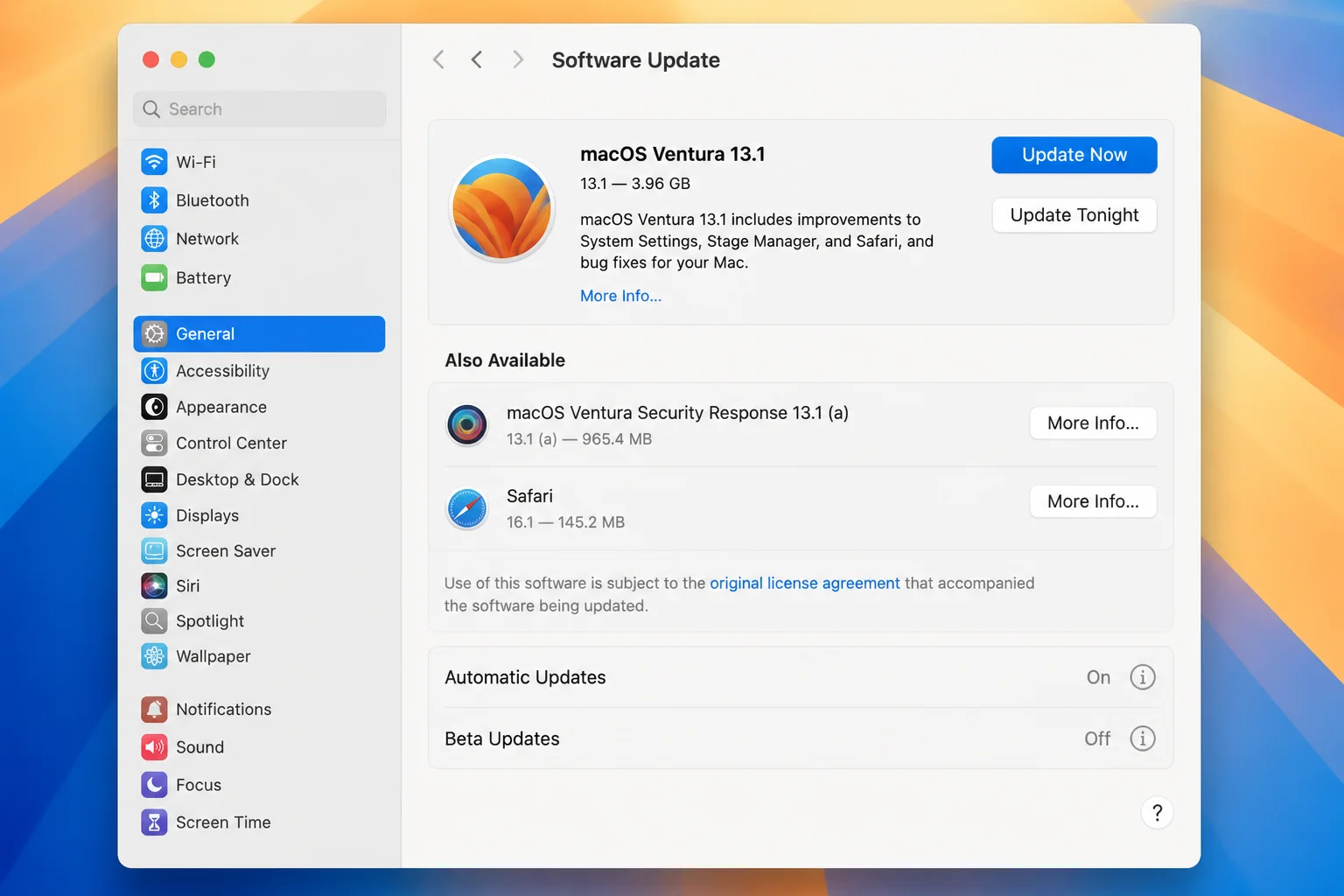 macOS System Settings on General > Software Update, including the Also Available area and update control without starting an installation