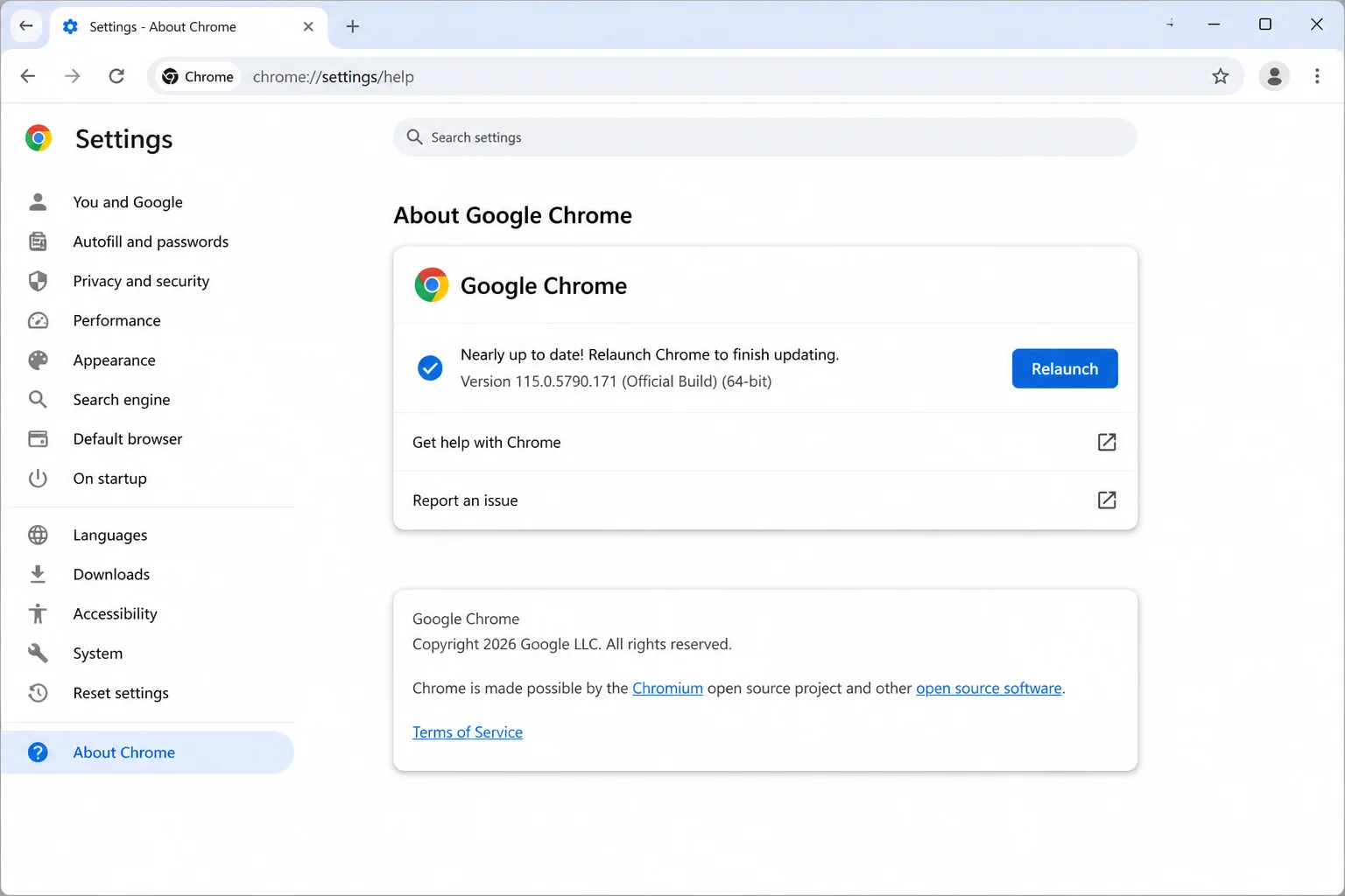 Google Chrome About page showing the installed version, update status, and Relaunch button if available