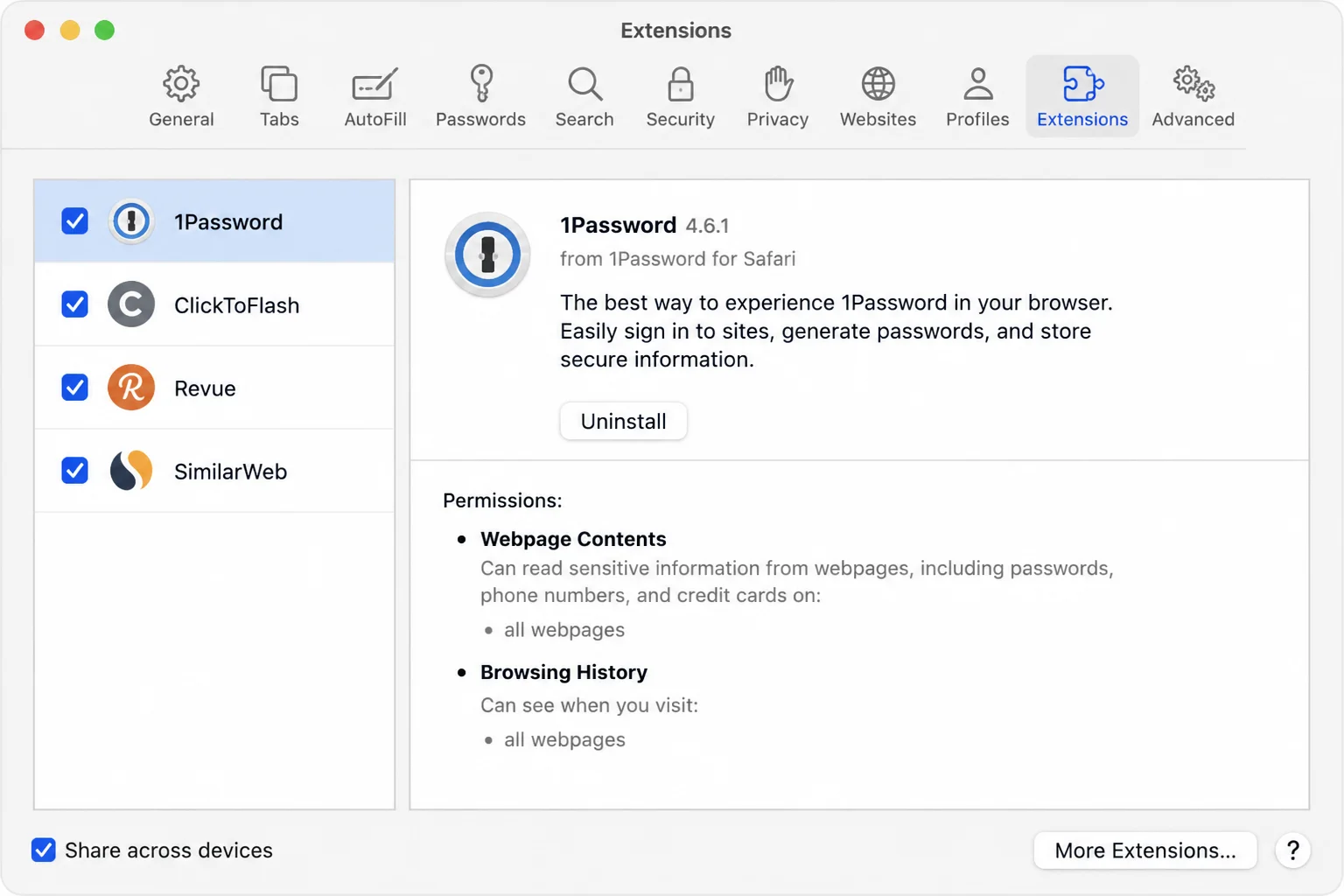 Safari Settings on the Extensions tab with extension enable controls visible and one control highlighted for temporary testing