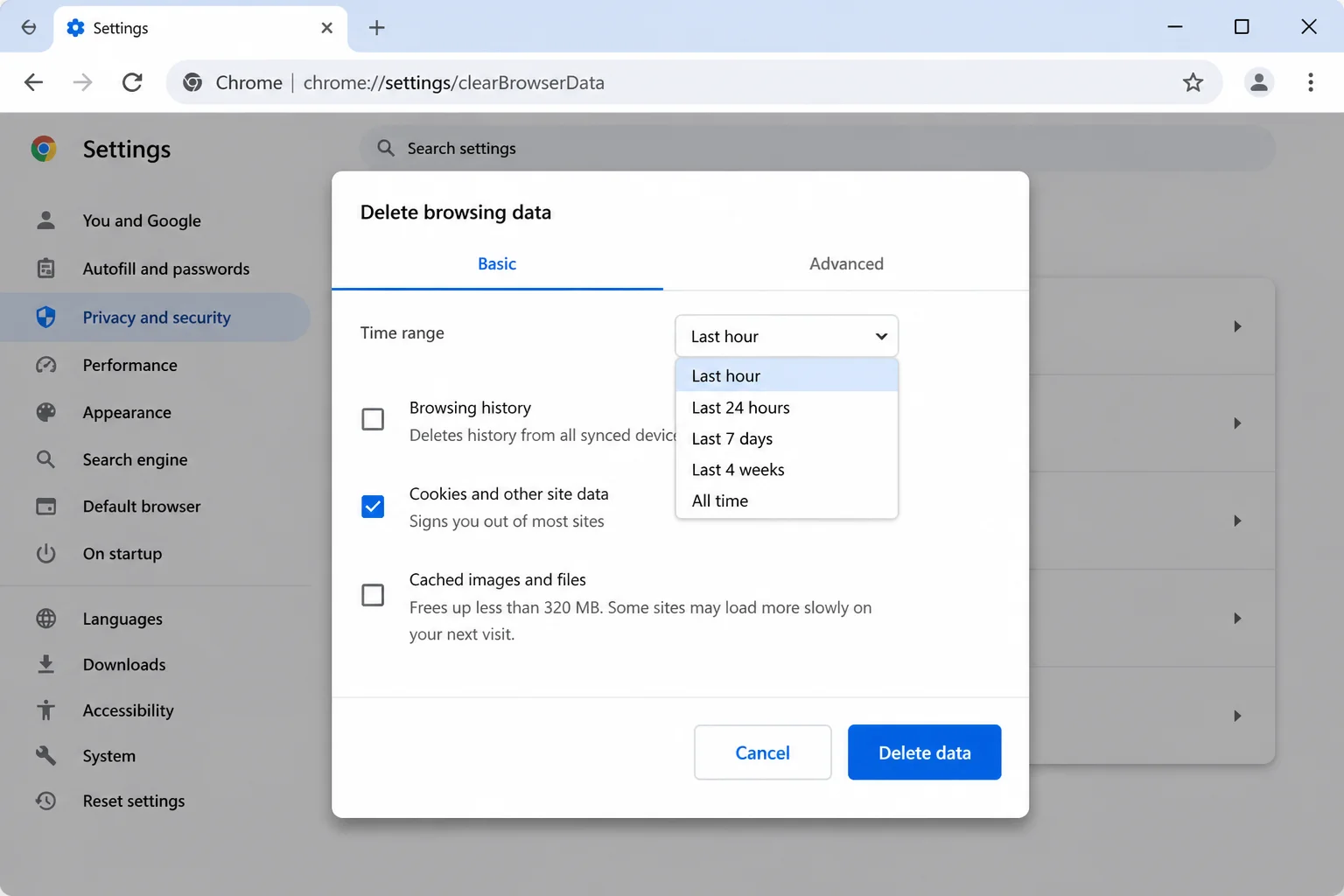 Chrome Delete browsing data dialog showing Time range, Cookies and other site data, and Cached images and files, with a warning that deleting cookies signs users out