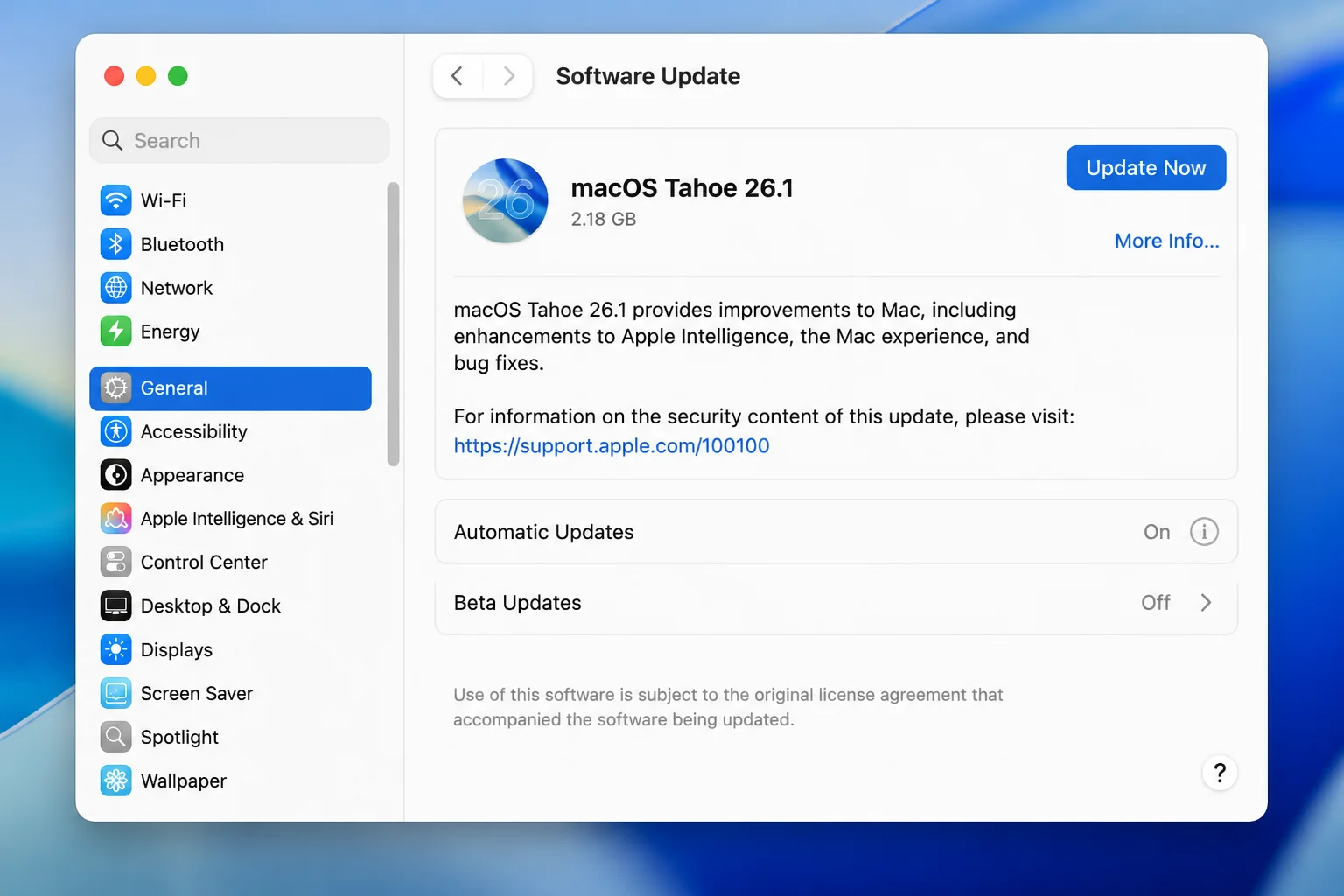 System Settings > General > Software Update pane showing the current macOS version and an Update Now or Restart Now button if an update is available
