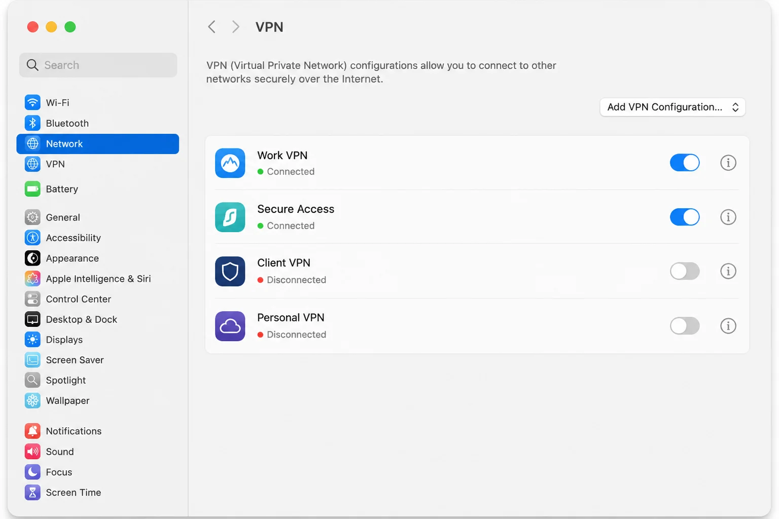 System Settings > VPN pane showing the list of configured VPN services with on/off toggles and an info button next to each entry