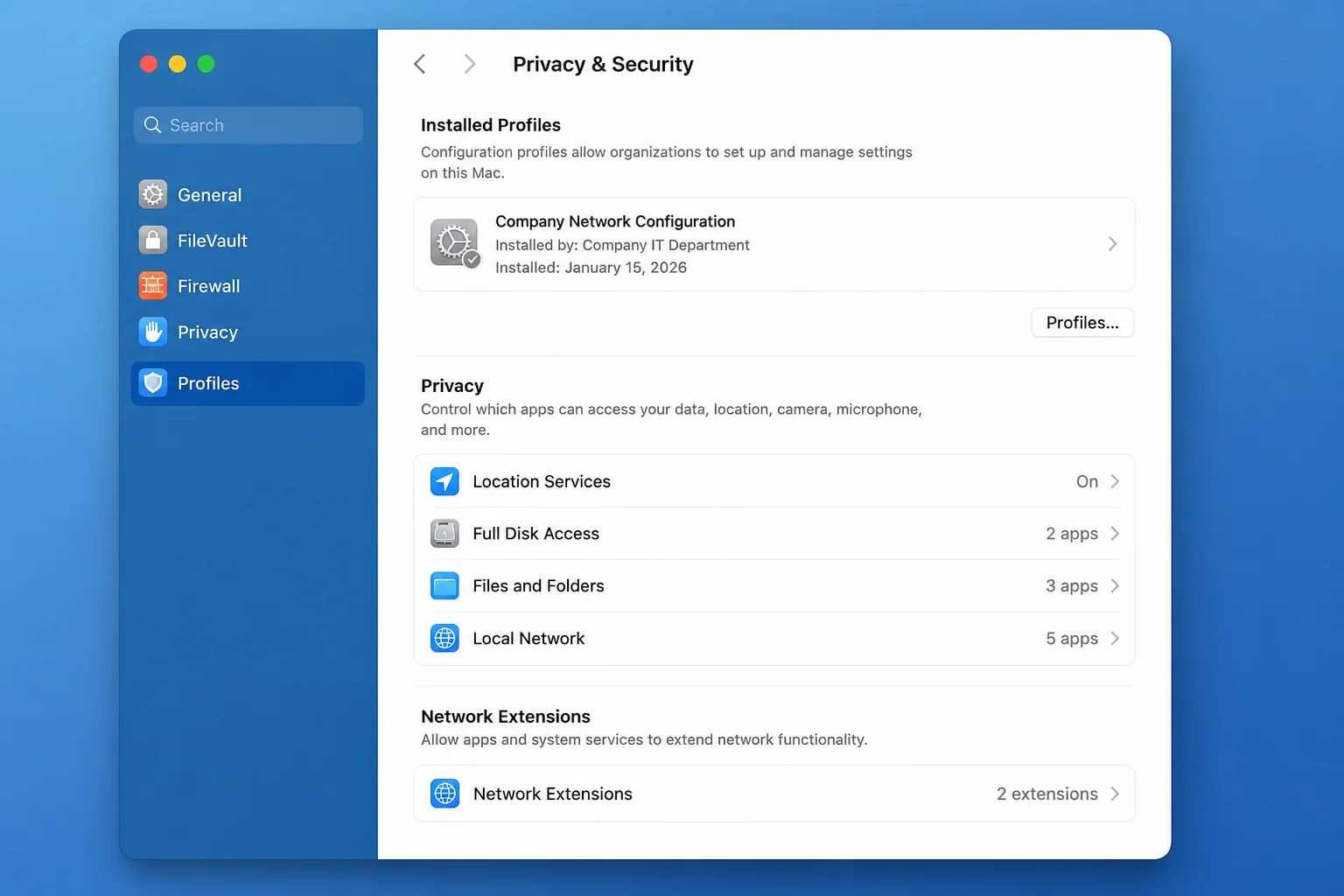 System Settings > Privacy & Security pane showing the area where installed configuration profiles and network extension permissions appear