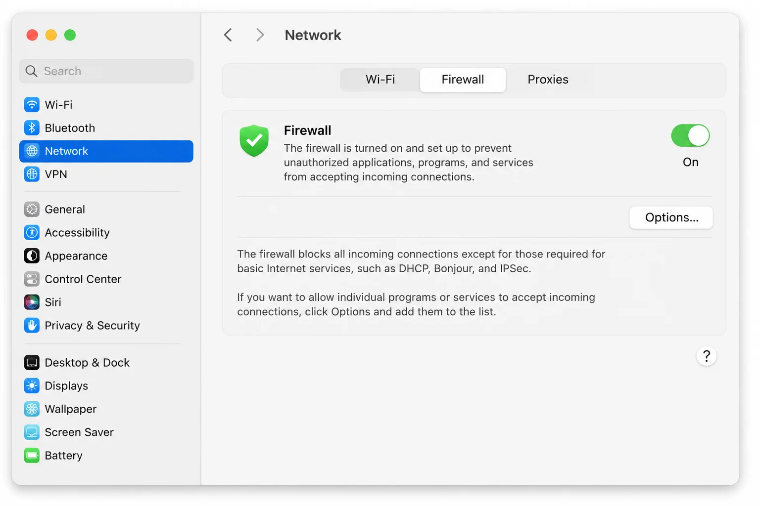 System Settings > Network > Firewall pane showing the on/off toggle and the Options button used to allow specific apps through