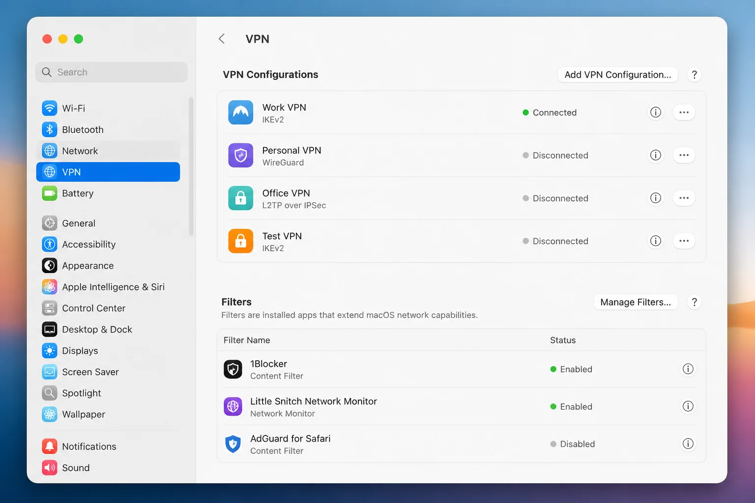 System Settings > Network > VPN and Filters section showing VPN configurations alongside any installed filter apps