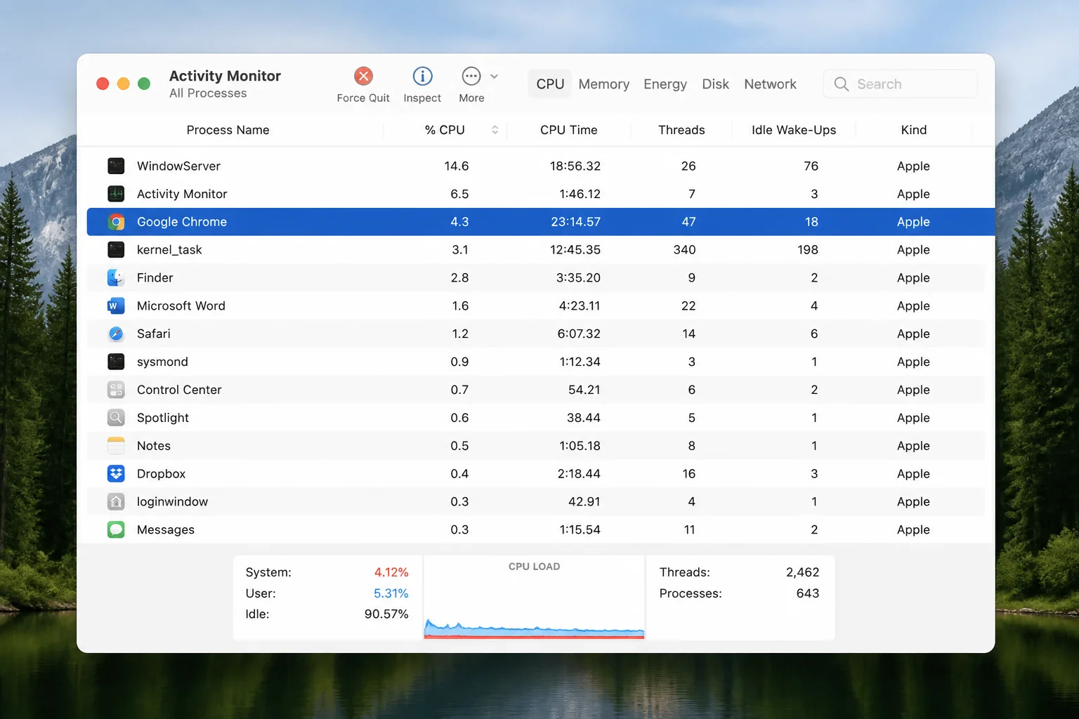 Activity Monitor window showing a list of running processes with a sample process selected and the X force-quit button visible in the toolbar