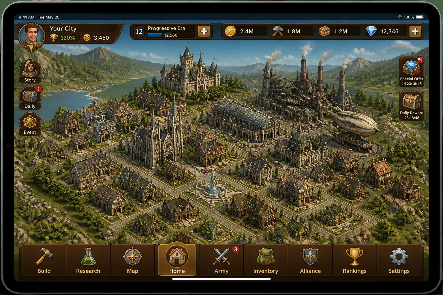 Forge of Empires running on iPad with a developed city, resource bar, and main navigation controls visible