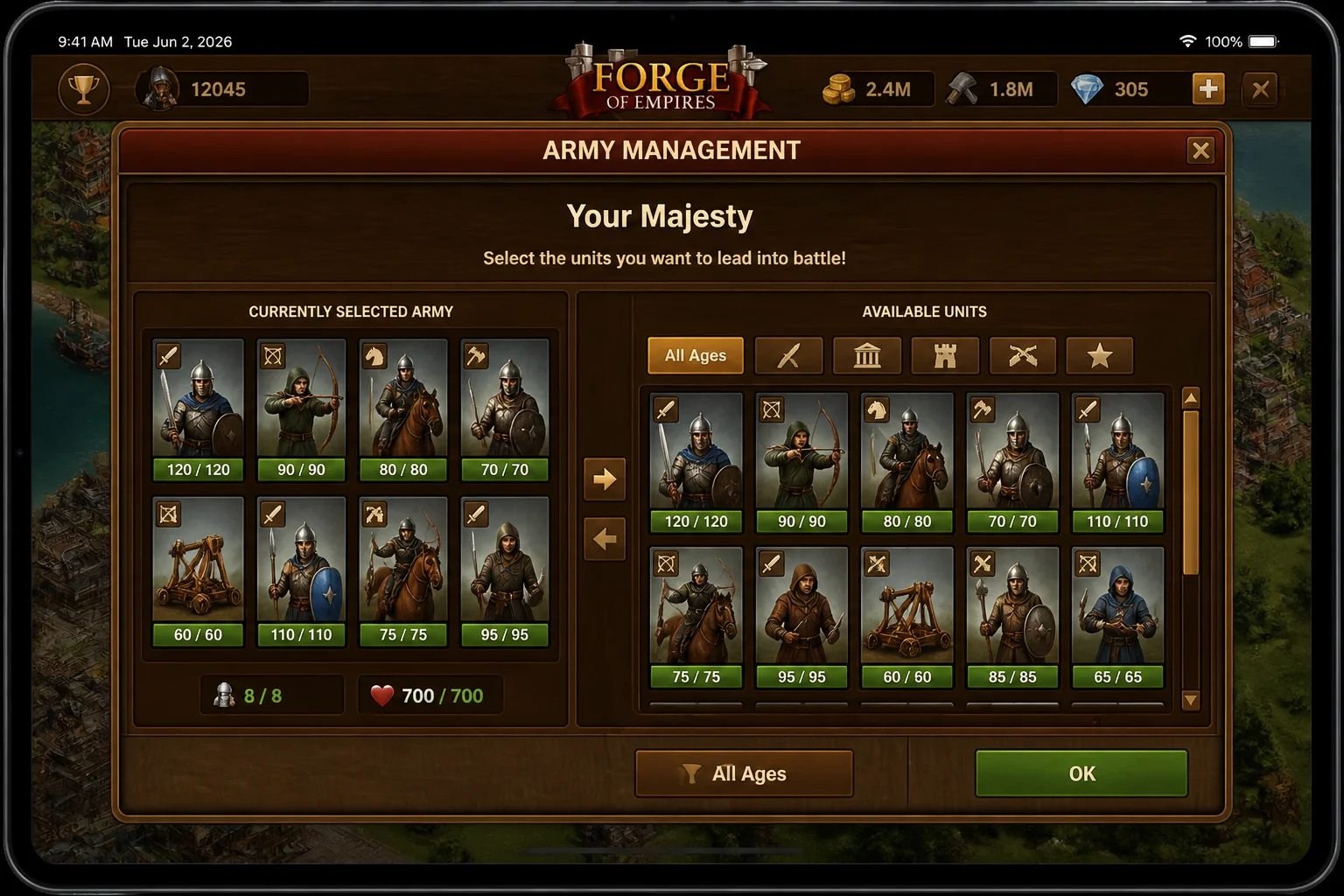 Forge of Empires Army Management interface on iPad showing available units, selected attacking army, and unit health indicators