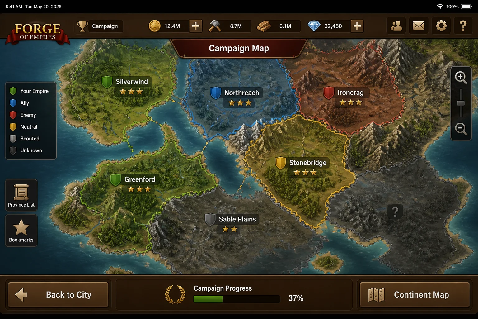 Forge of Empires campaign map on iPad showing controlled territory, scouted provinces, and neighboring regions