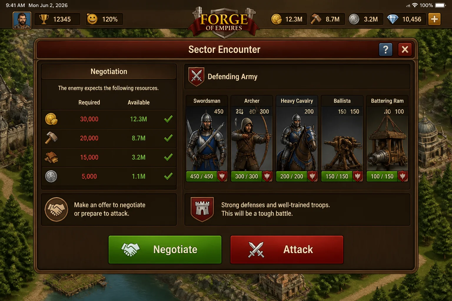 Forge of Empires sector encounter on iPad showing the current negotiation and battle choices with their requirements