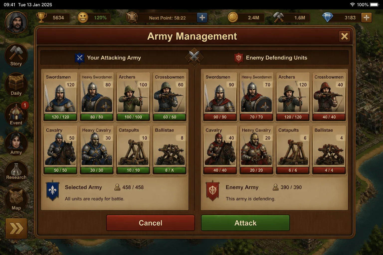 Forge of Empires Army Management interface on iPad showing enemy defending units beside the player's selected attacking army