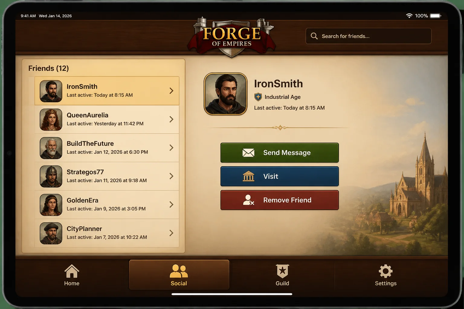 Forge of Empires social interface on iPad showing the current friends or suggested-player list and available interaction controls