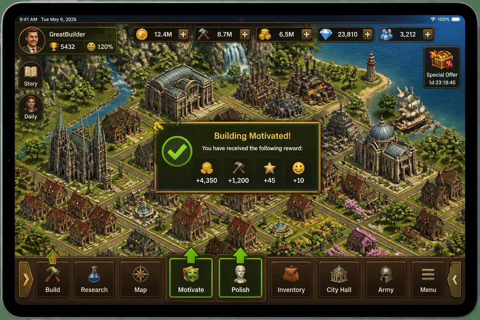 Forge of Empires city on iPad immediately after a building has been motivated or polished, with the reward indicator visible